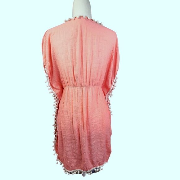 Shein Coral Pink White Pompom Beach Cover Up Dress - Picture 3 of 6